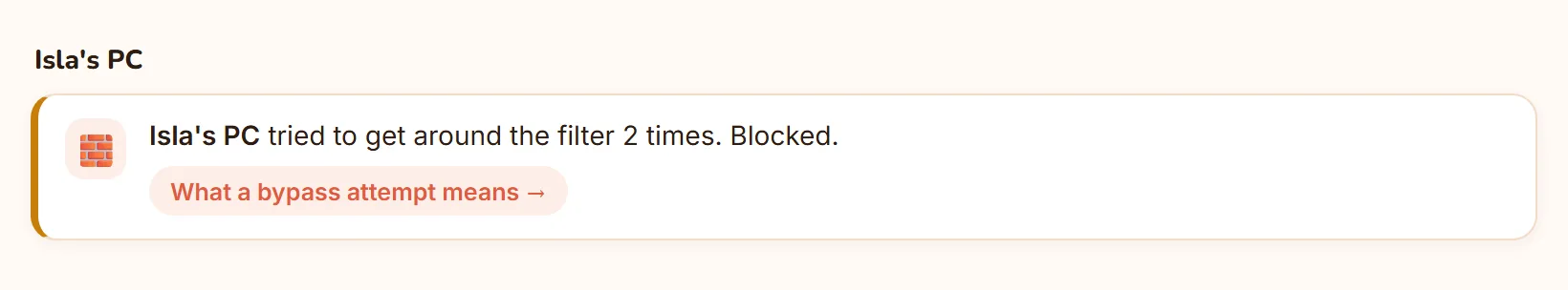 Isla's PC tried to get around the filter 2 times. Blocked.