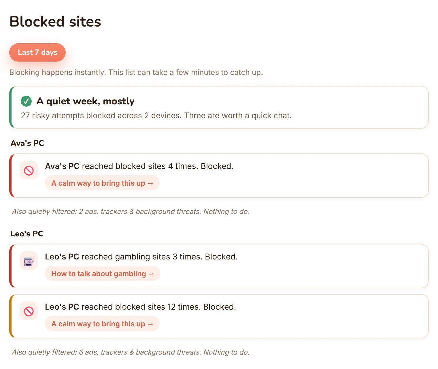 Blocked sites shown as calm, per-child moments